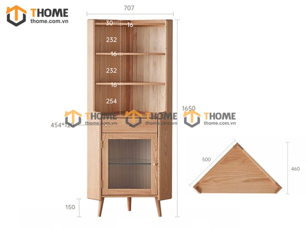 Tủ chén gỗ sồi tự nhiên 2 tầng góc 1 cánh 1 hộc kéo TC2T-07SN