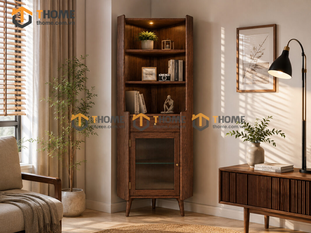 Tủ Chén Gỗ Sồi Tự Nhiên 2 Tầng Góc 1 Cánh 1 Hộc Kéo TC2T-07SN