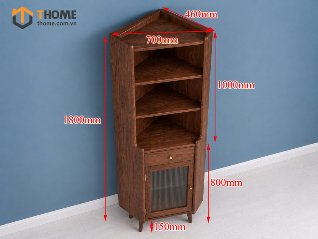 Tủ Chén Gỗ Sồi Tự Nhiên 2 Tầng Góc 1 Cánh 1 Hộc Kéo TC2T-07SN