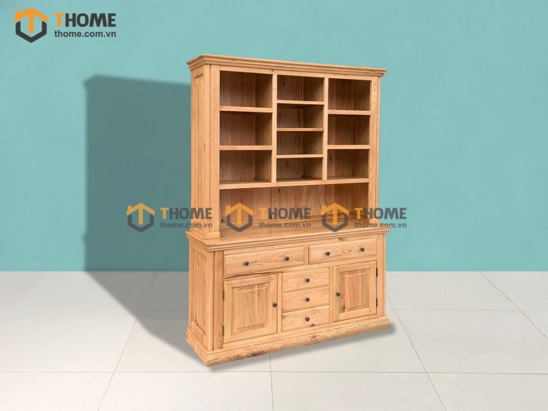 Tủ chén gỗ sồi tự nhiên 2 tầng 2 cánh 2 cánh 5 hộc kéo Tuscany TC2T-01SM
