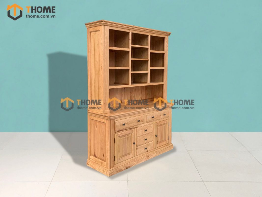 Tủ chén gỗ sồi tự nhiên 2 tầng 2 cánh 2 cánh 5 hộc kéo Tuscany TC2T-01SM