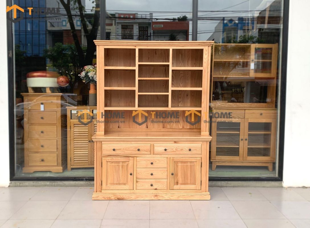 Tủ chén gỗ sồi tự nhiên 2 tầng 2 cánh 2 cánh 5 hộc kéo Tuscany TC2T-01SM