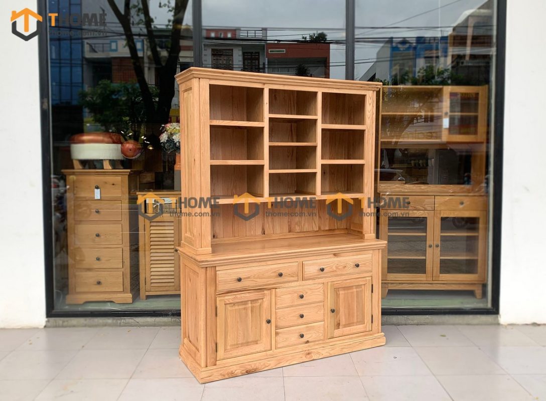 Tủ chén gỗ sồi tự nhiên 2 tầng 2 cánh 2 cánh 5 hộc kéo Tuscany TC2T-01SM