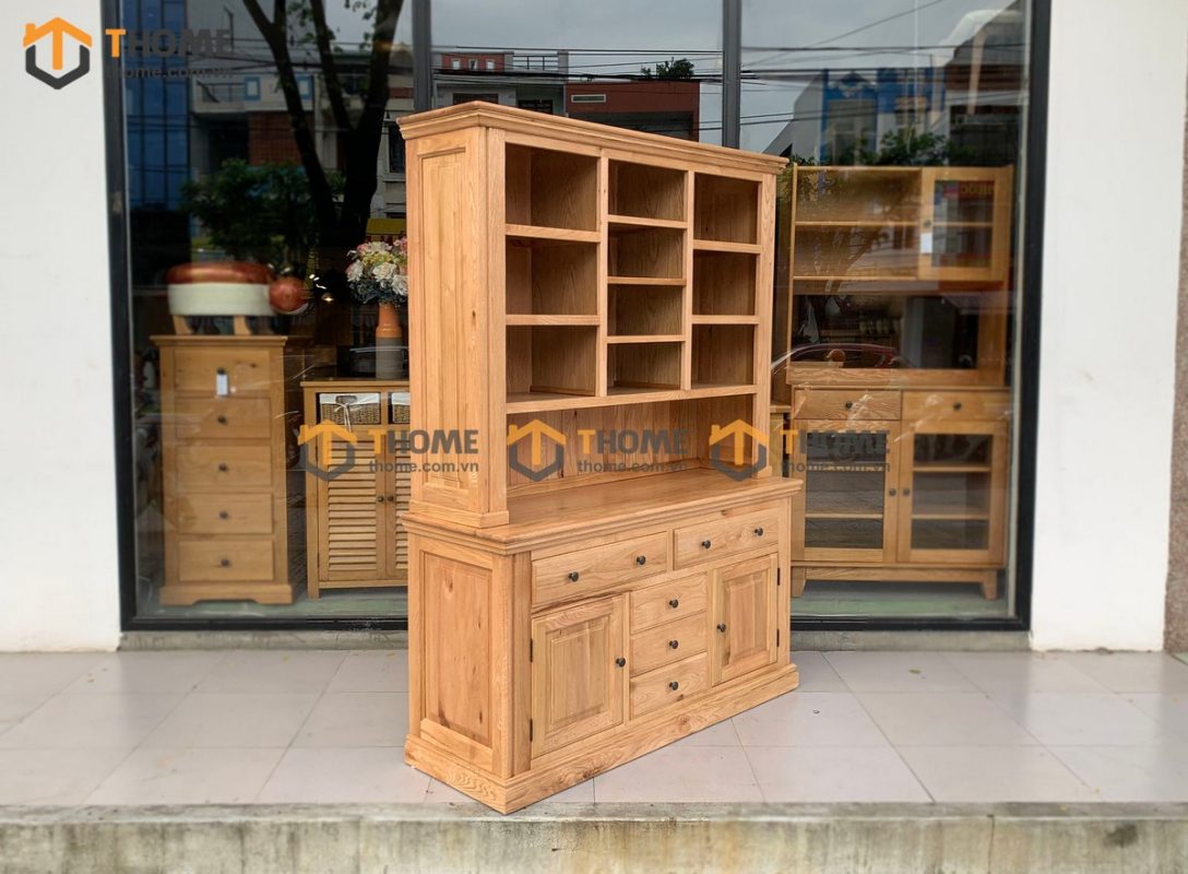 Tủ chén gỗ sồi tự nhiên 2 tầng 2 cánh 2 cánh 5 hộc kéo Tuscany TC2T-01SM