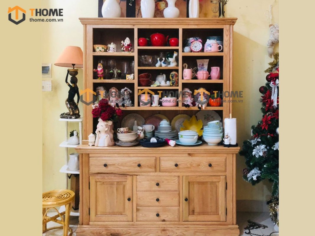 Tủ chén gỗ sồi tự nhiên 2 tầng 2 cánh 2 cánh 5 hộc kéo Tuscany TC2T-01SM