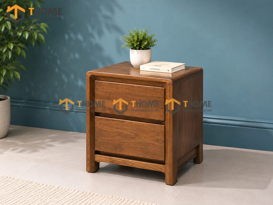 Tủ Đầu Giường Gỗ Sồi Tự Nhiên Lakada 2 Hộc Kéo Màu Óc Chó TDG-11SN
