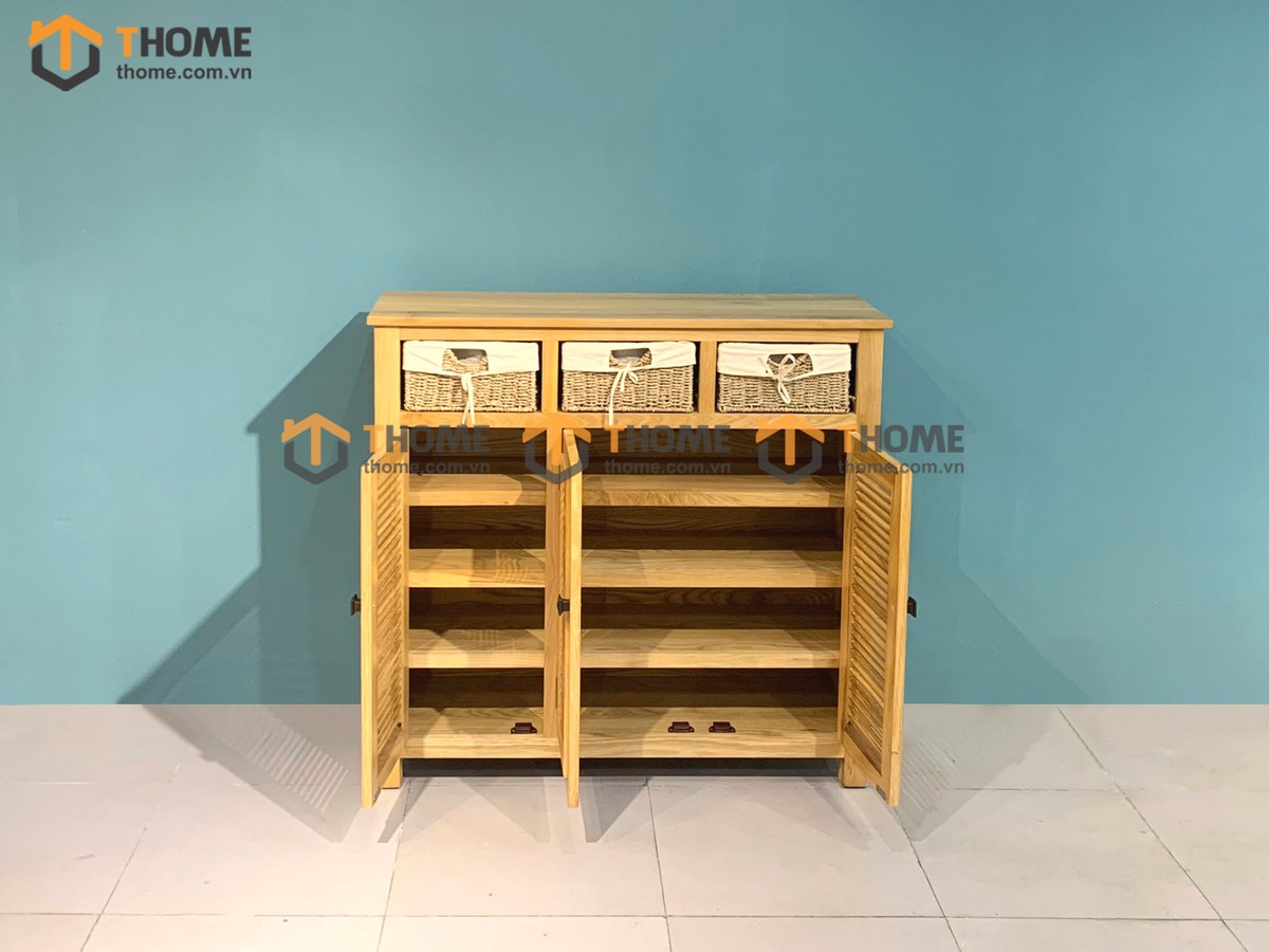 Tủ giày gỗ sồi tự nhiên 3 cánh 3 rổ cói Morris TG-19SM
