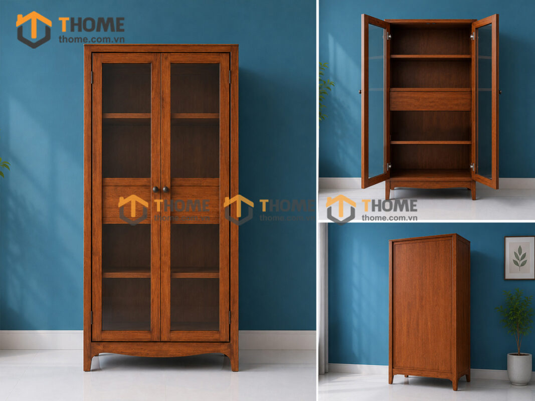 Tủ Kính Gỗ Sồi Tự Nhiên 2 Cánh 1 Hộc Kéo Mango Tk-04SN