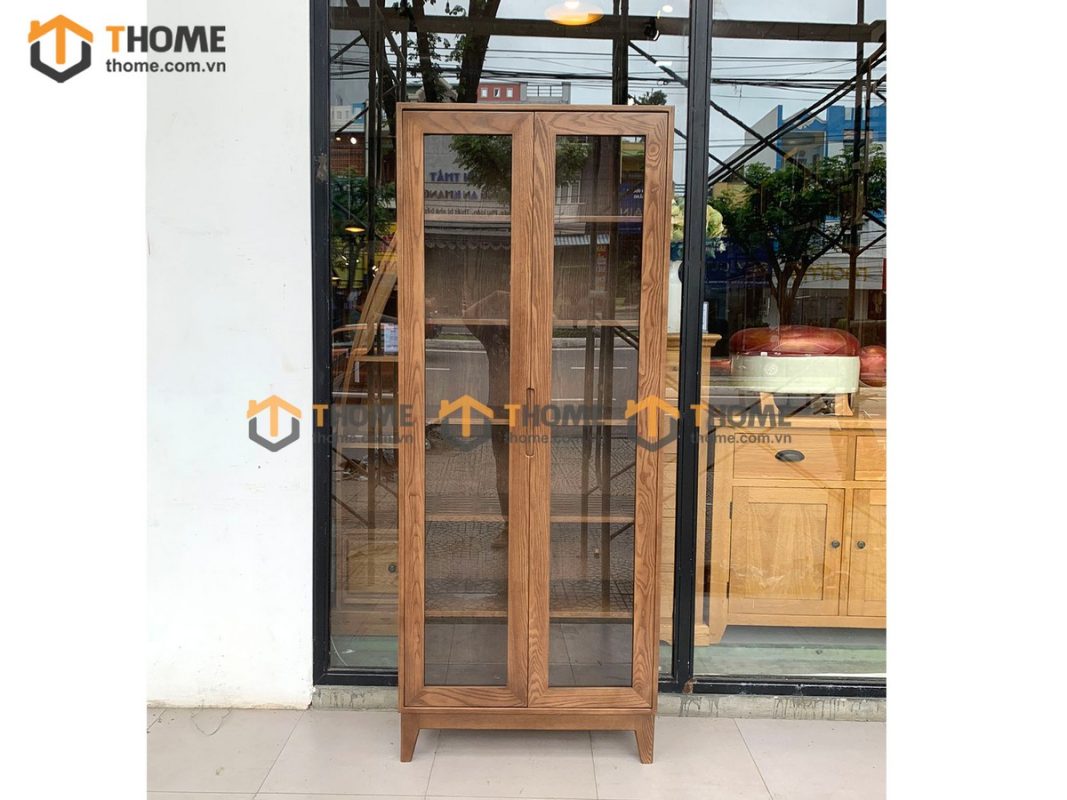 Tủ kính gỗ sồi tự nhiên 2 cánh Capri màu óc chó TK-02SN