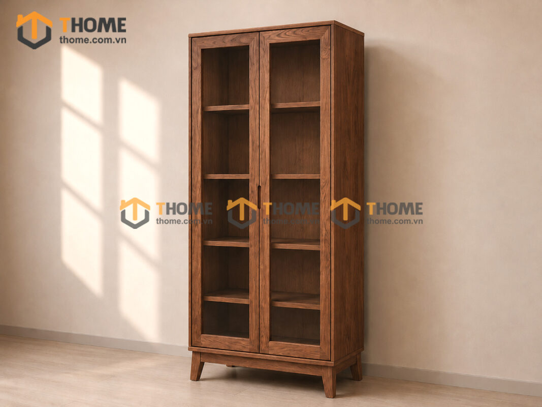 Tủ Kính Gỗ Sồi Tự Nhiên 2 Cánh Capri Màu Óc Chó TK-02SN