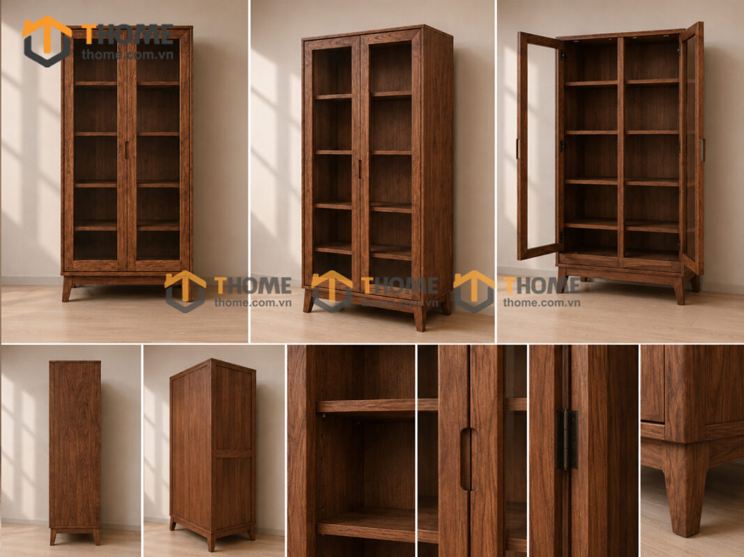 Tủ Kính Gỗ Sồi Tự Nhiên 2 Cánh Capri Màu Óc Chó TK-02SN