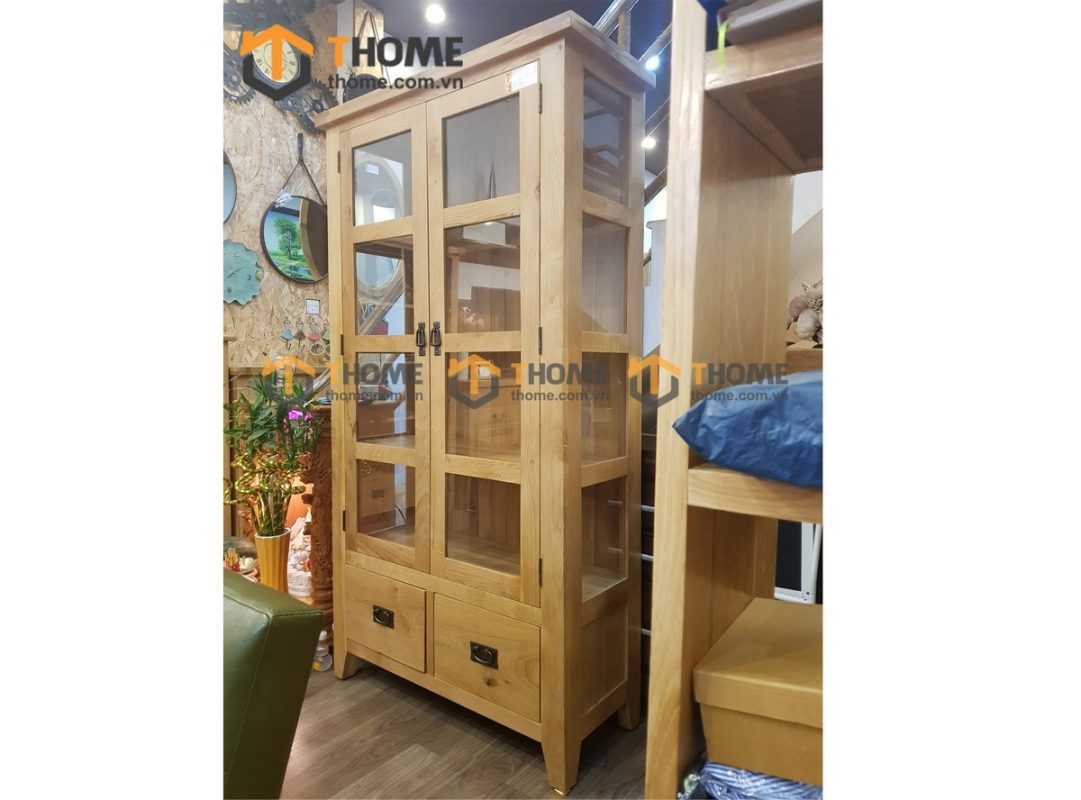 Tủ kính gỗ sồi tự nhiên 2 hộc kéo Harris TK-08SM