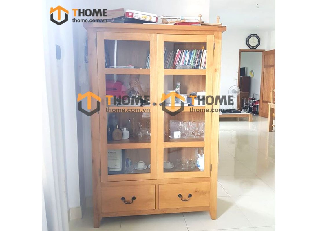 Tủ kính gỗ sồi tự nhiên 2 hộc kéo Harris TK-08SM