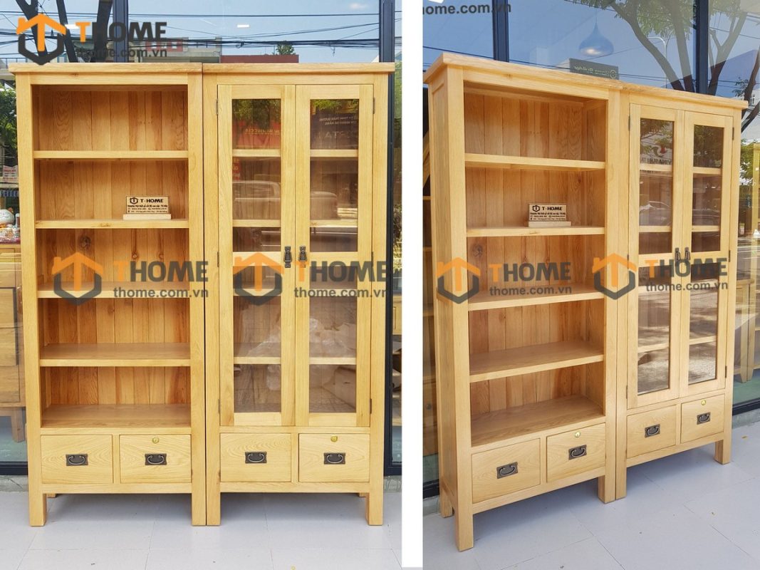 Tủ kính gỗ sồi tự nhiên 2 hộc kéo Harris TK-08SM