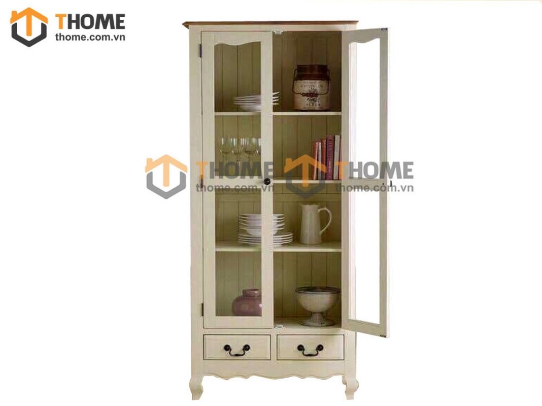 Tủ kính gỗ sồi tự nhiên 2 hộc kéo Tuscany màu trắng TK-02SM