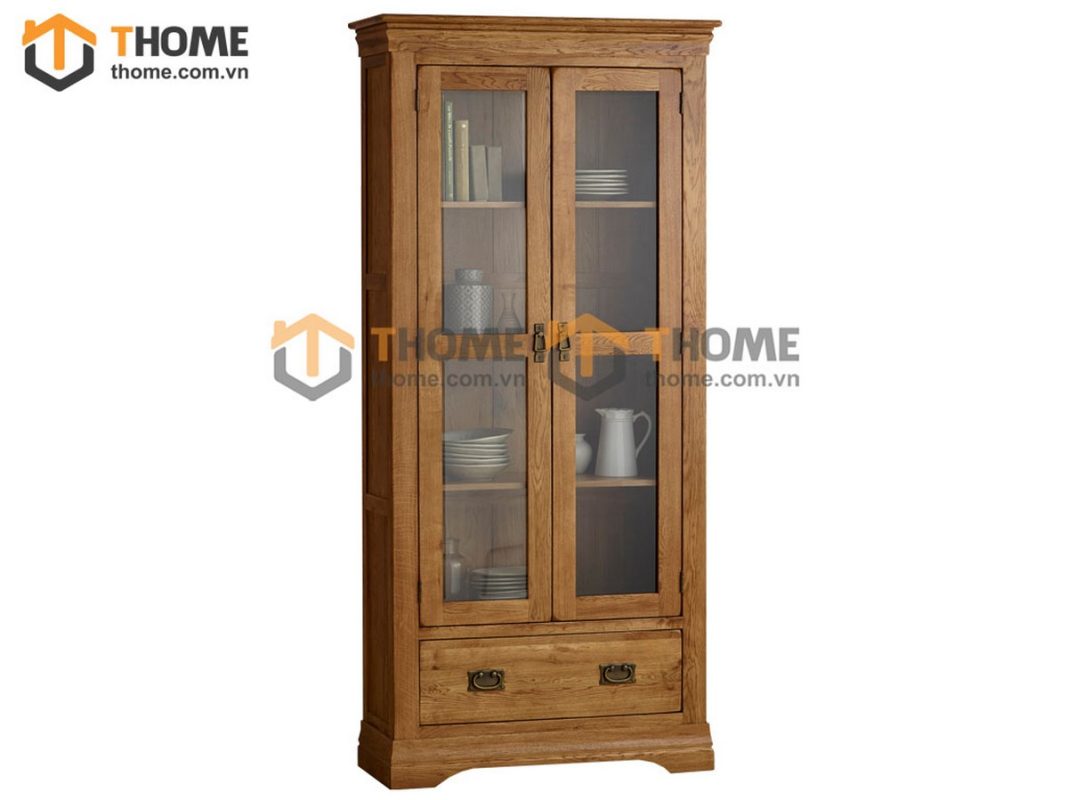 Tủ kính gỗ sồi tự nhiên 2 hộc kéo Tuscany màu tự nhiên TK-01SM-01