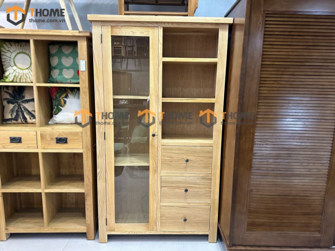 Tủ kính gỗ sồi tự nhiên 3 hộc kéo Morris TK-12SM