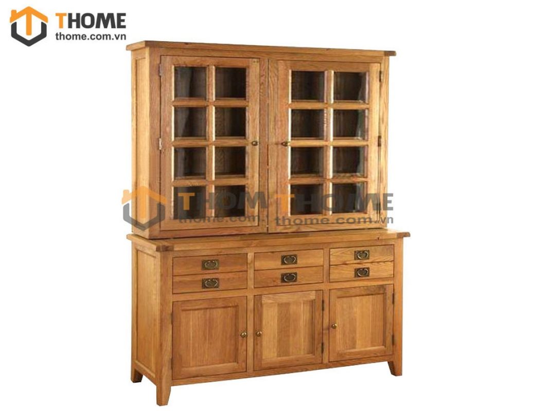 Tủ kính gỗ sồi tự nhiên 2 tầng 5 cánh 2 hộc kéo nhỏ Harris TK-15SM