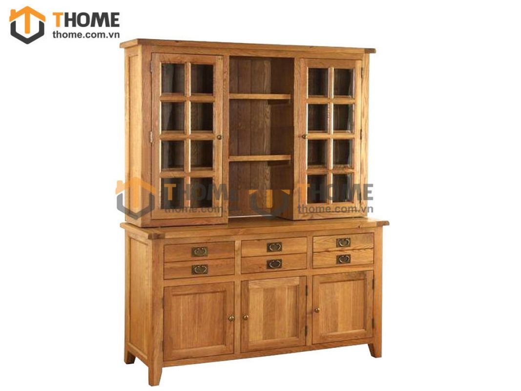 Tủ kính gỗ sồi tự nhiên 2 tầng 5 cánh 2 hộc kéo nhỏ Harris TK-15SM