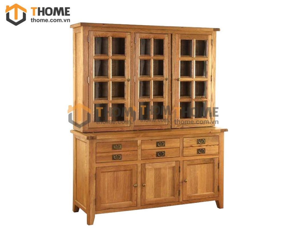 Tủ kính gỗ sồi tự nhiên 2 tầng 5 cánh 2 hộc kéo nhỏ Harris TK-15SM