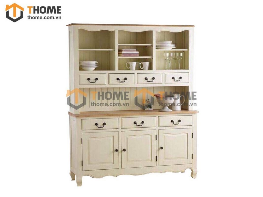 Tủ kính gỗ sồi tự nhiên 2 tầng 3 cánh 7 hộc kéo nhỏ Tuscany màu trắng TK-17SM