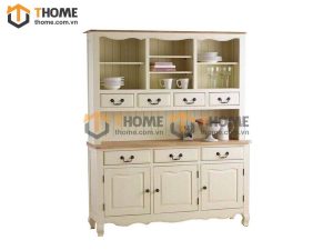 Tủ kính gỗ sồi tự nhiên 2 tầng 3 cánh 7 hộc kéo nhỏ Tuscany màu trắng TK-17SM