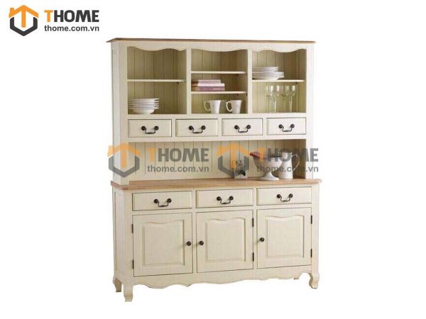 Tủ kính gỗ sồi tự nhiên 2 tầng 3 cánh 7 hộc kéo nhỏ Tuscany màu trắng TK-17SM