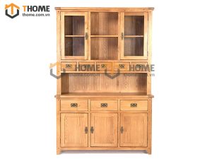 Tủ kính gỗ sồi tự nhiên 2 tầng 5 cánh 8 hộc kéo nhỏ Rustic TK-16SM