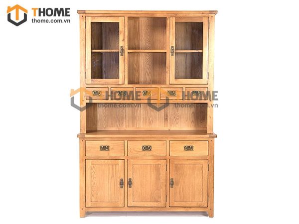 Tủ kính gỗ sồi tự nhiên 2 tầng 5 cánh 8 hộc kéo nhỏ Rustic TK-16SM