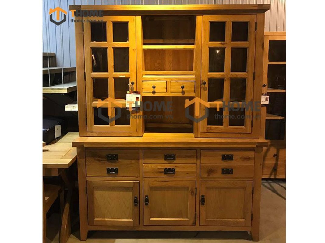 Tủ kính gỗ sồi tự nhiên 2 tầng 5 cánh 8 hộc kéo nhỏ Rustic TK-16SM