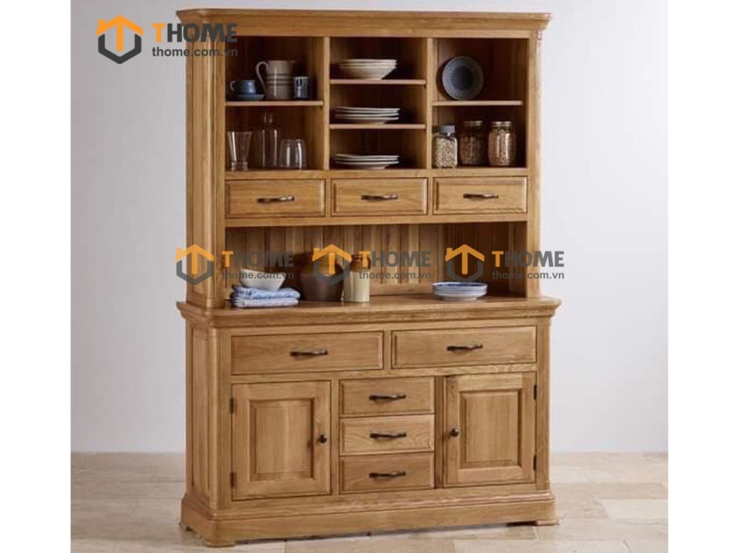 Tủ kính gỗ sồi tự nhiên 2 tầng 5 cánh 8 hộc kéo nhỏ Rustic TK-16SM