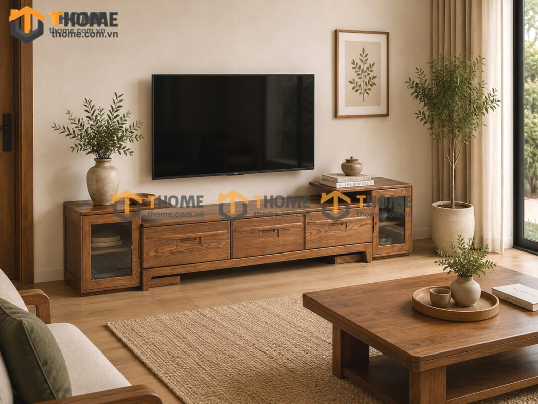 Tủ tivi gỗ sồi tự nhiên DG 2 cánh gương TTV-15SN
