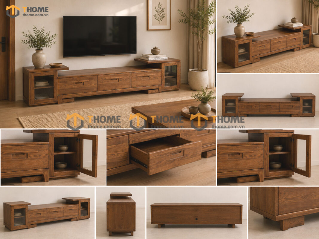 Tủ tivi gỗ sồi tự nhiên DG 2 cánh gương TTV-15SN