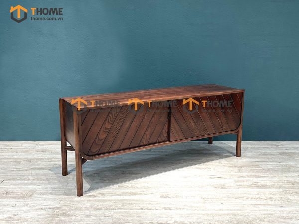 Tủ tivi gỗ sồi tự nhiên OP 2 cánh lùa ghép gỗ màu óc chó TTV-20SN