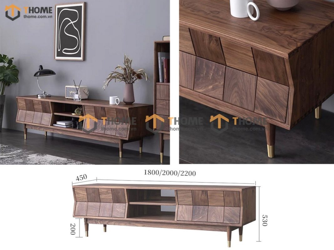 Tủ tivi gỗ sồi tự nhiên Caro 4 hộc kéo gỗ ghép xéo màu óc chóTTV-22SN