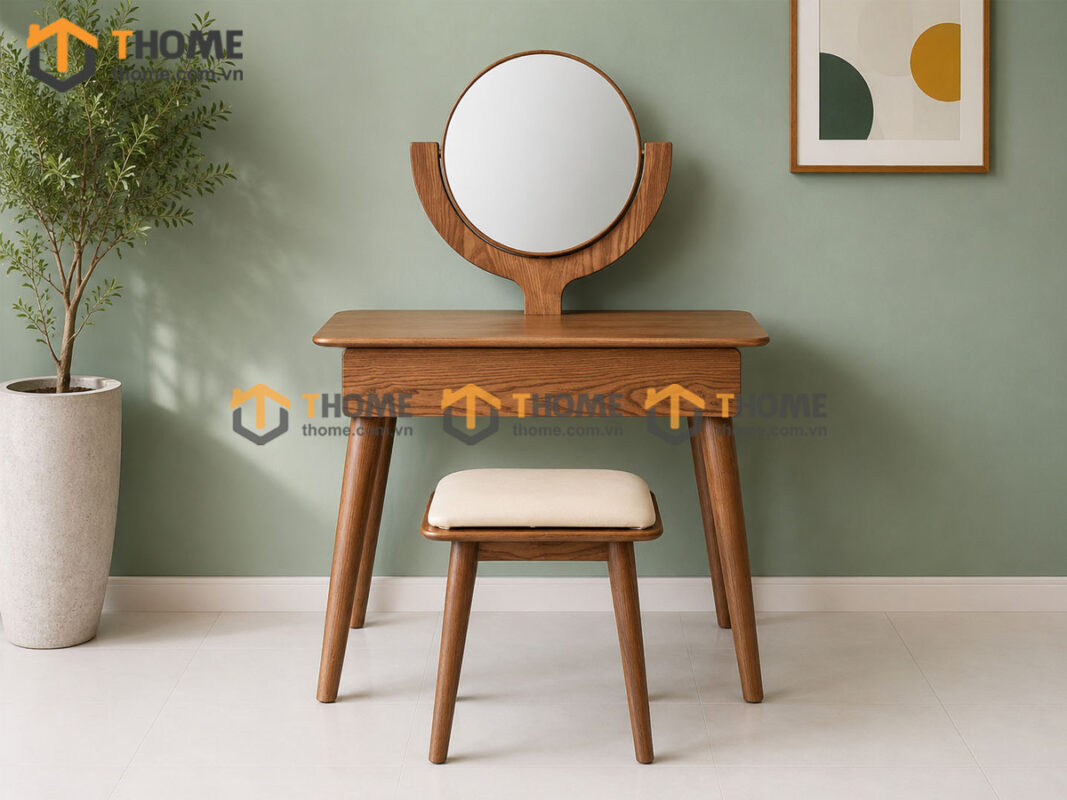 Bàn Trang Điểm Gỗ Sồi Tự Nhiên Cogo Gương Có Cây Chống Cong 0.8m BTD-07SN