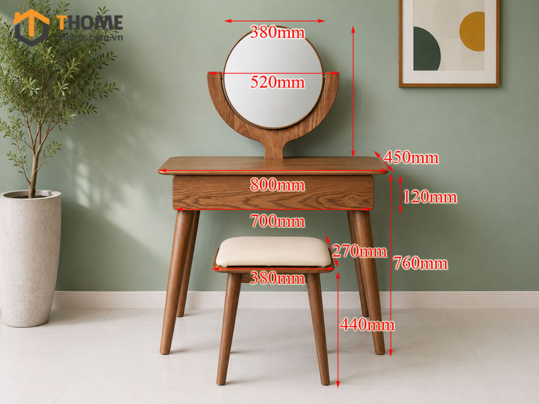 Bàn Trang Điểm Gỗ Sồi Tự Nhiên Cogo Gương Có Cây Chống Cong 0.8m BTD-07SN