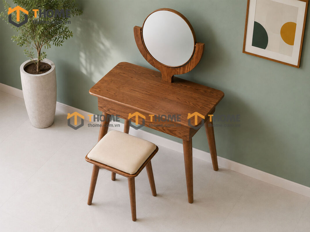 Bàn Trang Điểm Gỗ Sồi Tự Nhiên Cogo Gương Có Cây Chống Cong 0.8m BTD-07SN