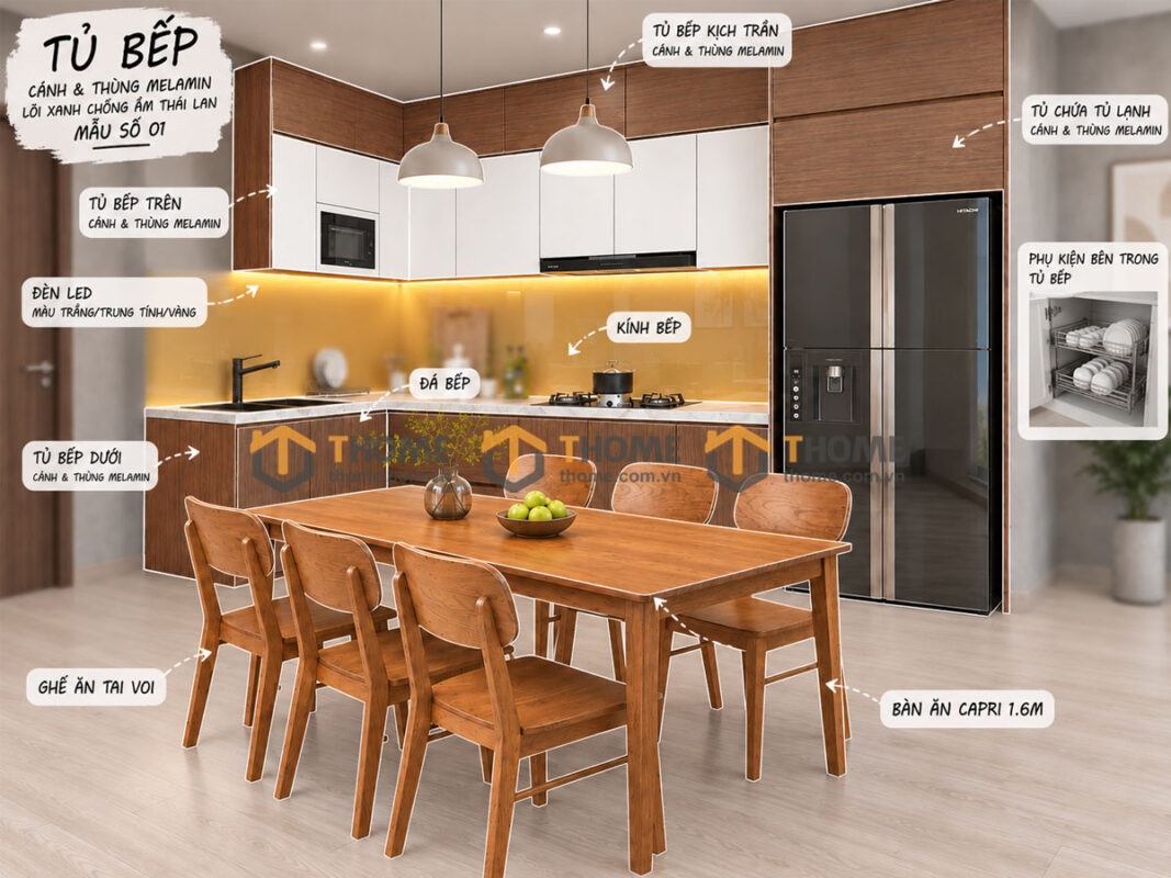 Thiết Kế Bộ Phòng Ăn Có Tủ Bếp Cánh & Thùng Melamin TKPA-01SN