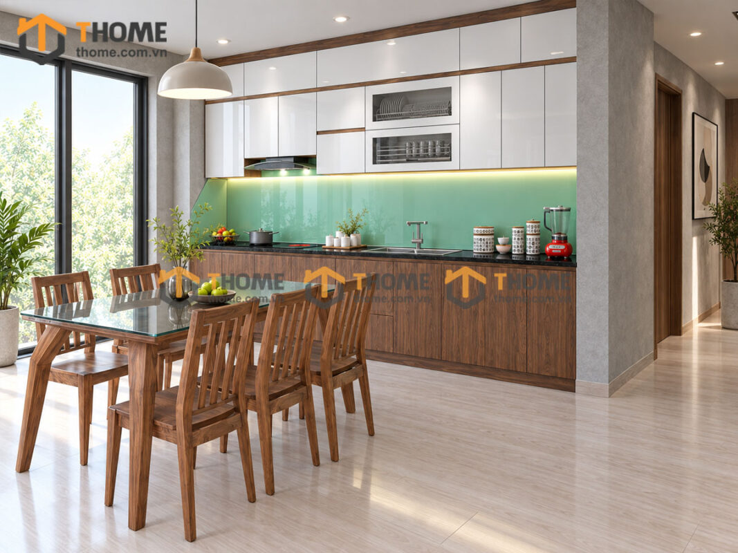 Thiết Kế Bộ Phòng Ăn Số 02 Cánh Melamin Thùng Nhựa Trắng TKPA-02SN