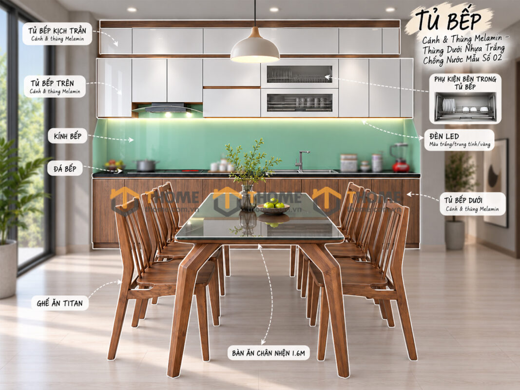 Thiết Kế Bộ Phòng Ăn Số 02 Cánh Melamin Thùng Nhựa Trắng TKPA-02SN