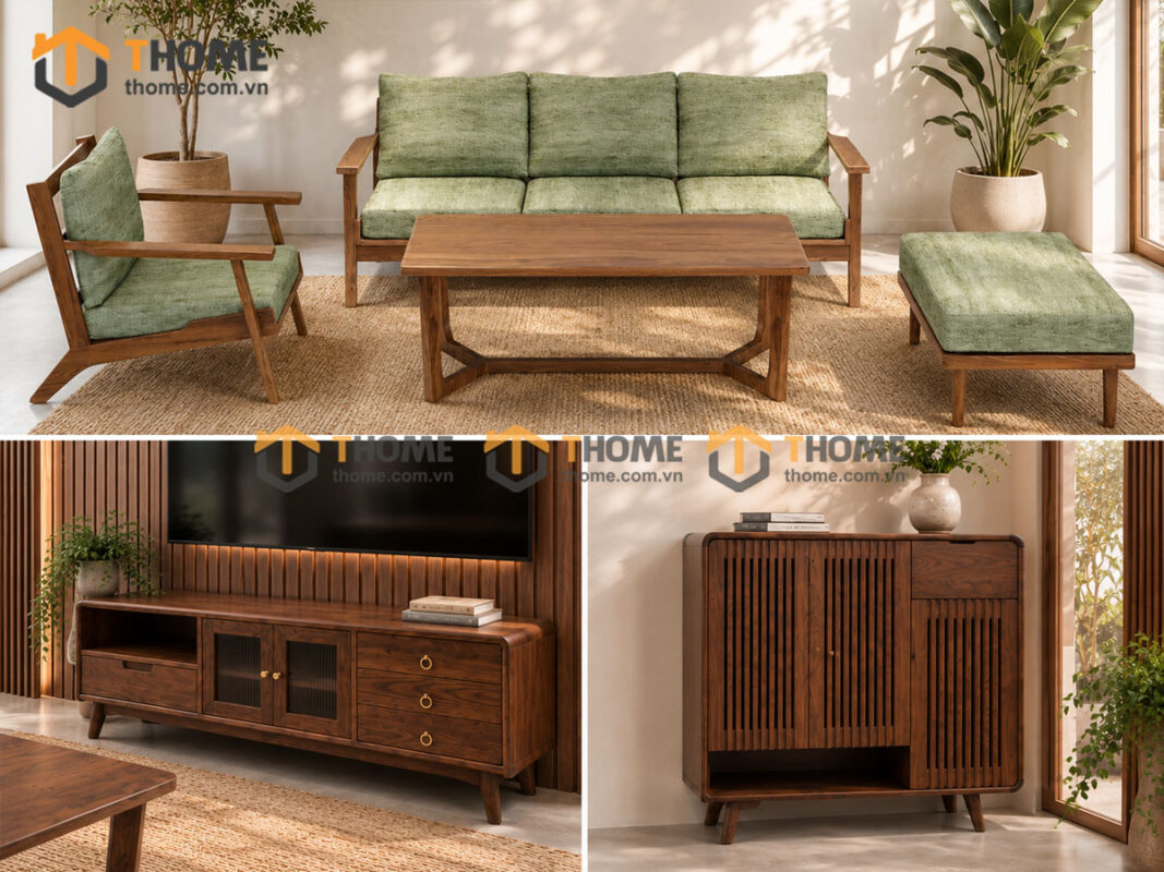 Thiết Kế Bộ Phòng Khách Gỗ Sồi Tự Nhiên Số 01 Chân Quỳ TKPK-01SN