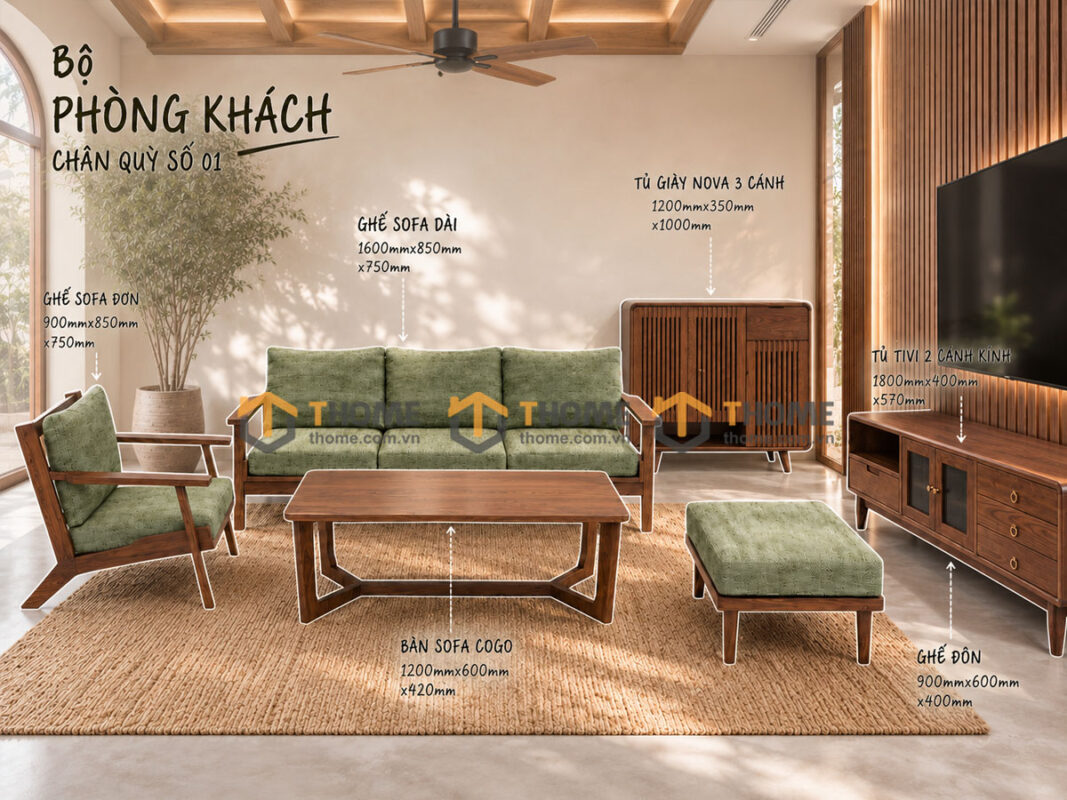 Thiết Kế Bộ Phòng Khách Gỗ Sồi Tự Nhiên Số 01 Chân Quỳ TKPK-01SN