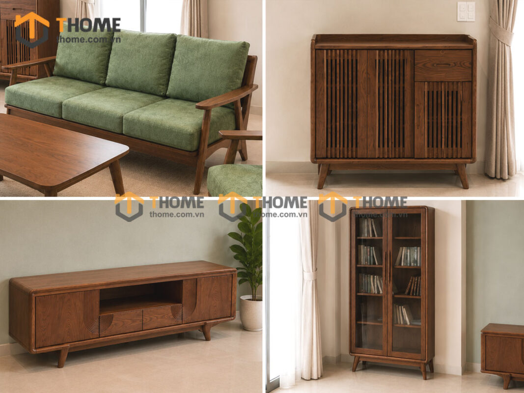 Thiết Kế Bộ Phòng Khách Gỗ Sồi Tự Nhiên Số 02 Chân Quỳ TKPK-02SN