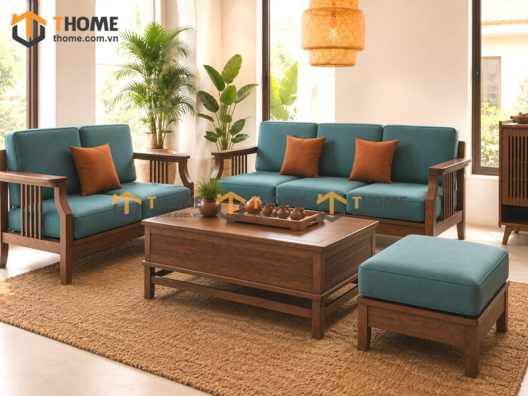 Thiết Kế Bộ Phòng Khách Gỗ Sồi Tự Nhiên Số 03 Chân Quỳ TKPK-03SN