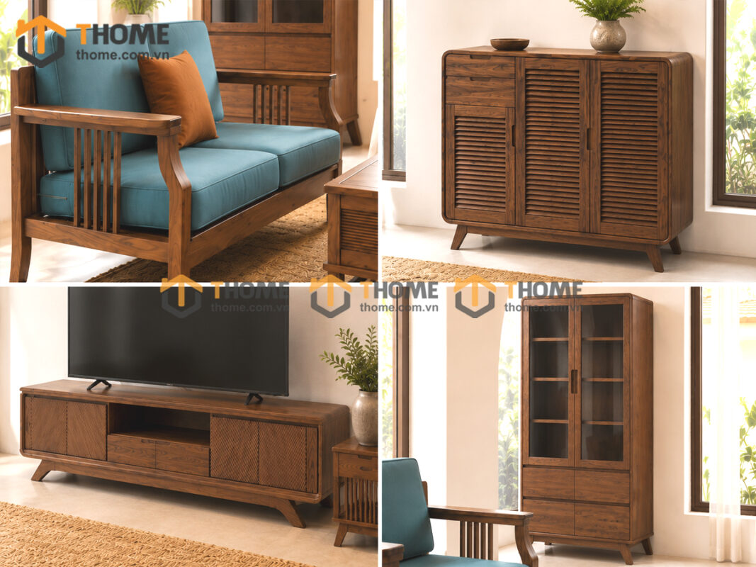 Thiết Kế Bộ Phòng Khách Gỗ Sồi Tự Nhiên Số 03 Chân Quỳ TKPK-03SN