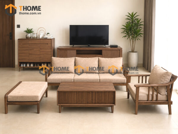 Thiết Kế Bộ Phòng Khách Gỗ Sồi Tự Nhiên Số 04 Chân Quỳ TKPK-04SN