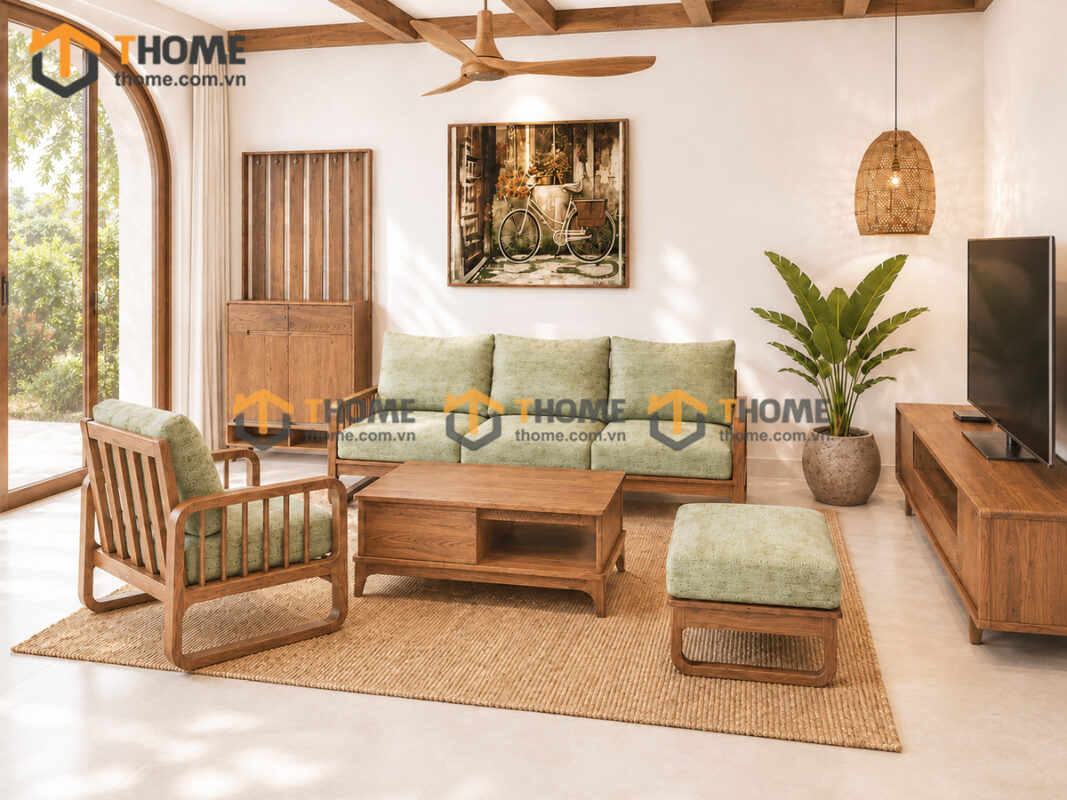 Thiết Kế Bộ Phòng Khách Gỗ Sồi Tự Nhiên Số 05 Chân Quỳ TKPK-05SN