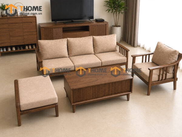 Thiết Kế Bộ Phòng Khách Gỗ Sồi Tự Nhiên Số 04 Chân Quỳ TKPK-04SN