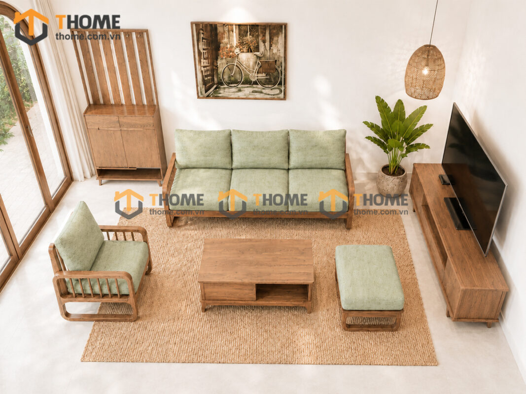 Thiết Kế Bộ Phòng Khách Gỗ Sồi Tự Nhiên Số 05 Chân Quỳ TKPK-05SN